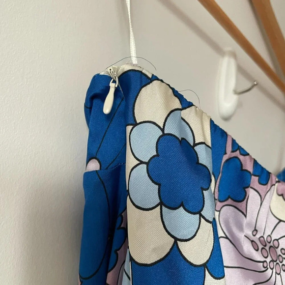 Zara Retro Floral Satin Effect Strapless Midi Dress NWT Blue White Purple Small - Picture 14 of 16